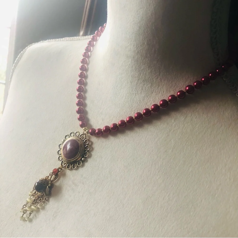 Handcrafted repurpose enamel sunburst chandelier Czech glass Pearl necklace